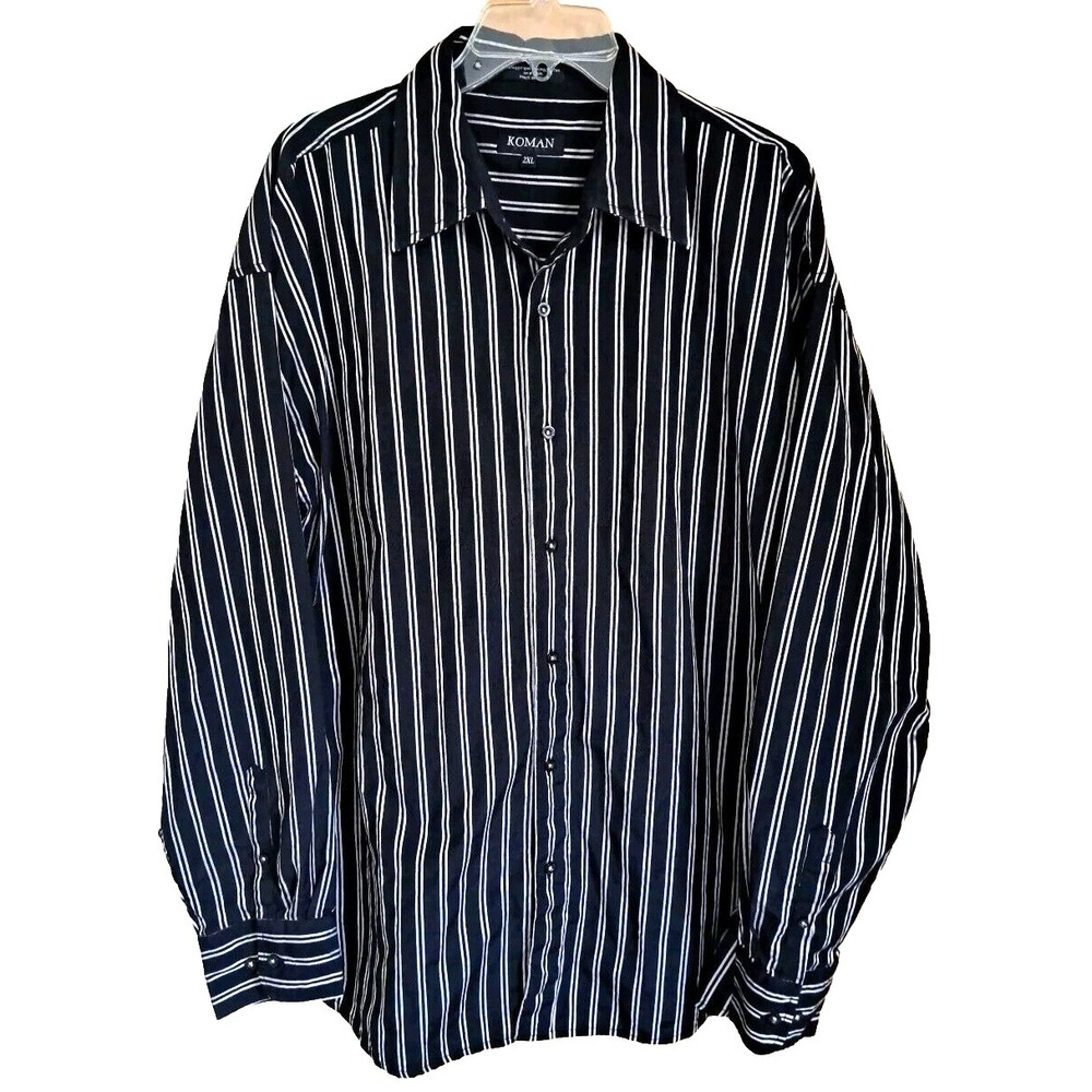 Koman Sport Shirt Men's Size 2XL Long Sleeve Black Silver Stripes Cotton Blend